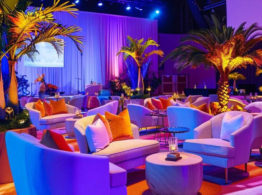 Event furniture hire setup showcasing diverse seating and table options for gatherings