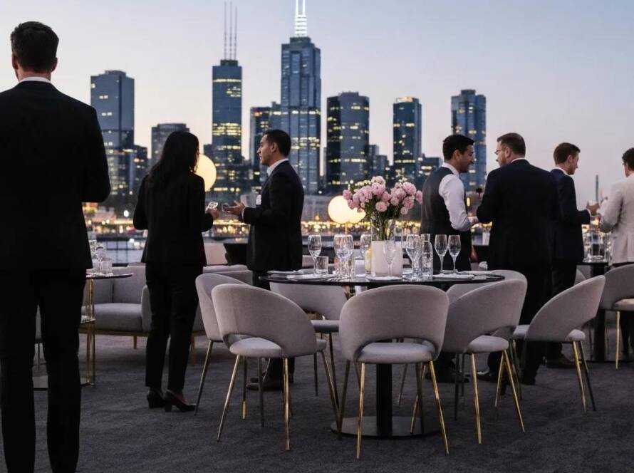 Stylish corporate event furniture setup in Melbourne CBD, highlighting modern chairs and tables